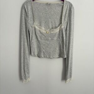 Intimately Free People Women Ribbed Babydoll Shirt Size M Gray Lace Trim Lounge